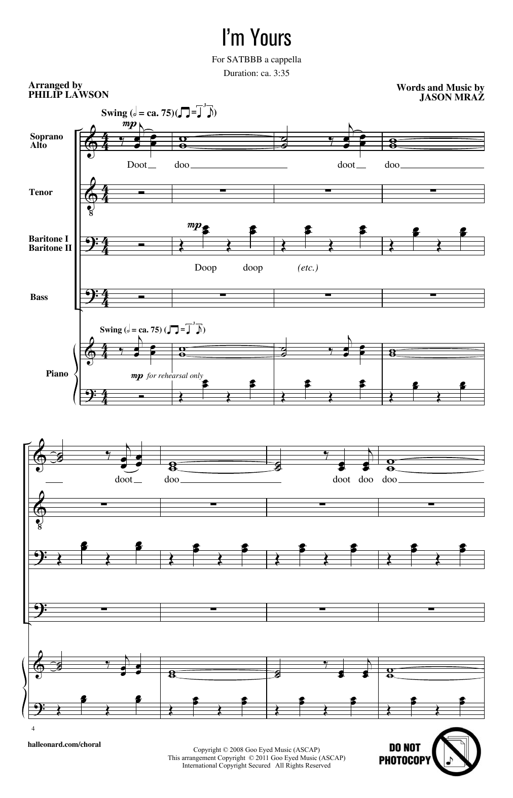 Download Philip Lawson I'm Yours Sheet Music and learn how to play SATB PDF digital score in minutes