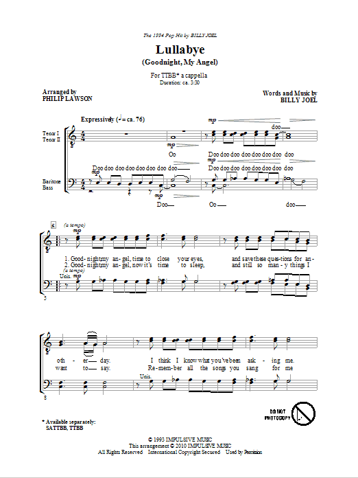 Download Billy Joel Lullabye (Goodnight, My Angel) (arr. Philip Lawson) Sheet Music and learn how to play TTBB PDF digital score in minutes