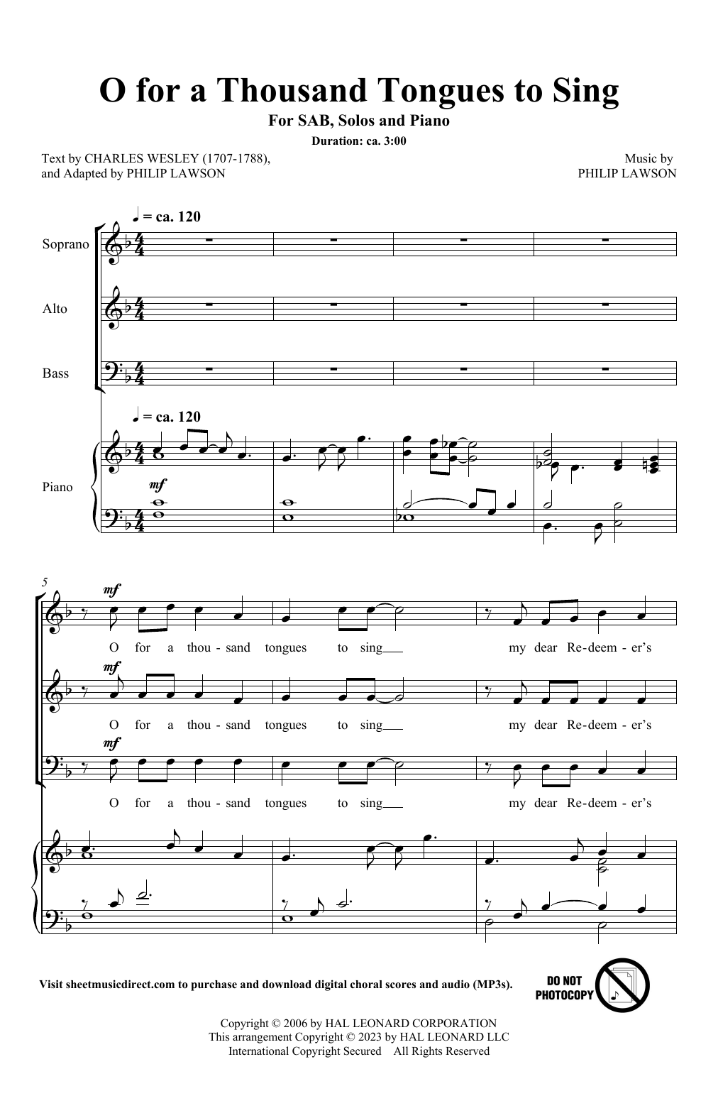 Download Philip Lawson O For A Thousand Tongues To Sing Sheet Music and learn how to play SAB Choir PDF digital score in minutes