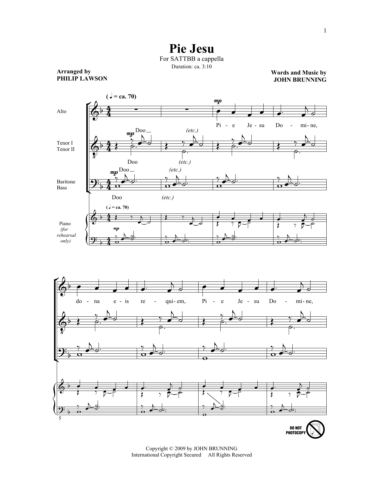 Download John Brunning Pie Jesu (arr. Philip Lawson) Sheet Music and learn how to play Choral 6-Part PDF digital score in minutes