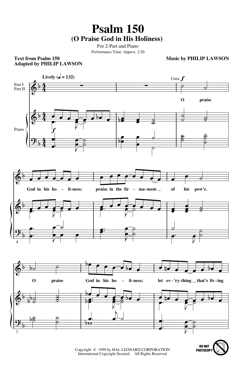 Download Philip Lawson Psalm 150 (O Praise God in His Holiness) Sheet Music and learn how to play 2-Part Choir PDF digital score in minutes
