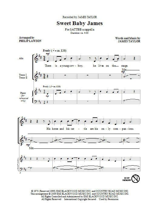 Download James Taylor Sweet Baby James (arr. Philip Lawson) Sheet Music and learn how to play SATB PDF digital score in minutes
