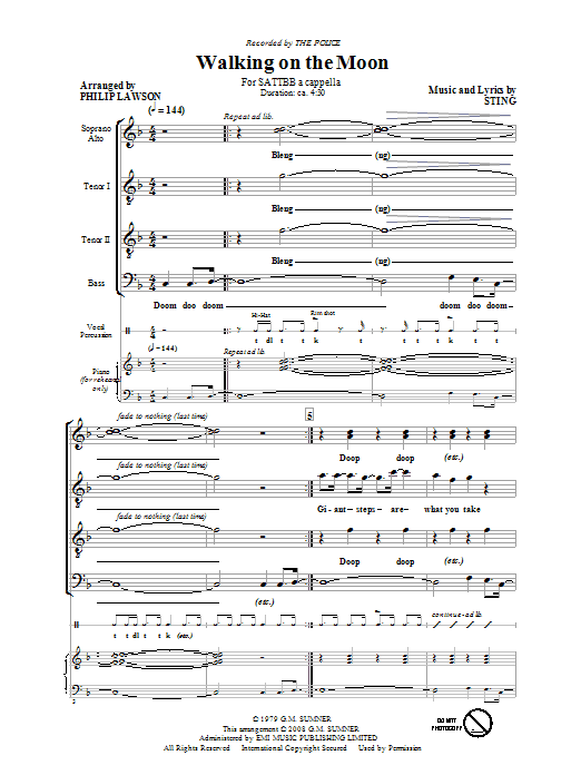 Download The Police Walking On The Moon (arr. The Police) Sheet Music and learn how to play SATB PDF digital score in minutes