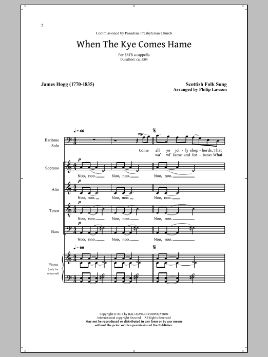 Download Scottish Folksong When The Kye Comes Hame (arr. Philip Lawson) Sheet Music and learn how to play SATB PDF digital score in minutes