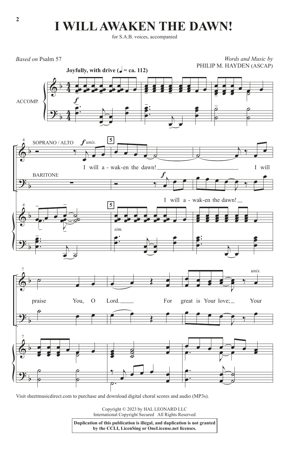 Download Philip M. Hayden I Will Awaken The Dawn! Sheet Music and learn how to play SAB Choir PDF digital score in minutes