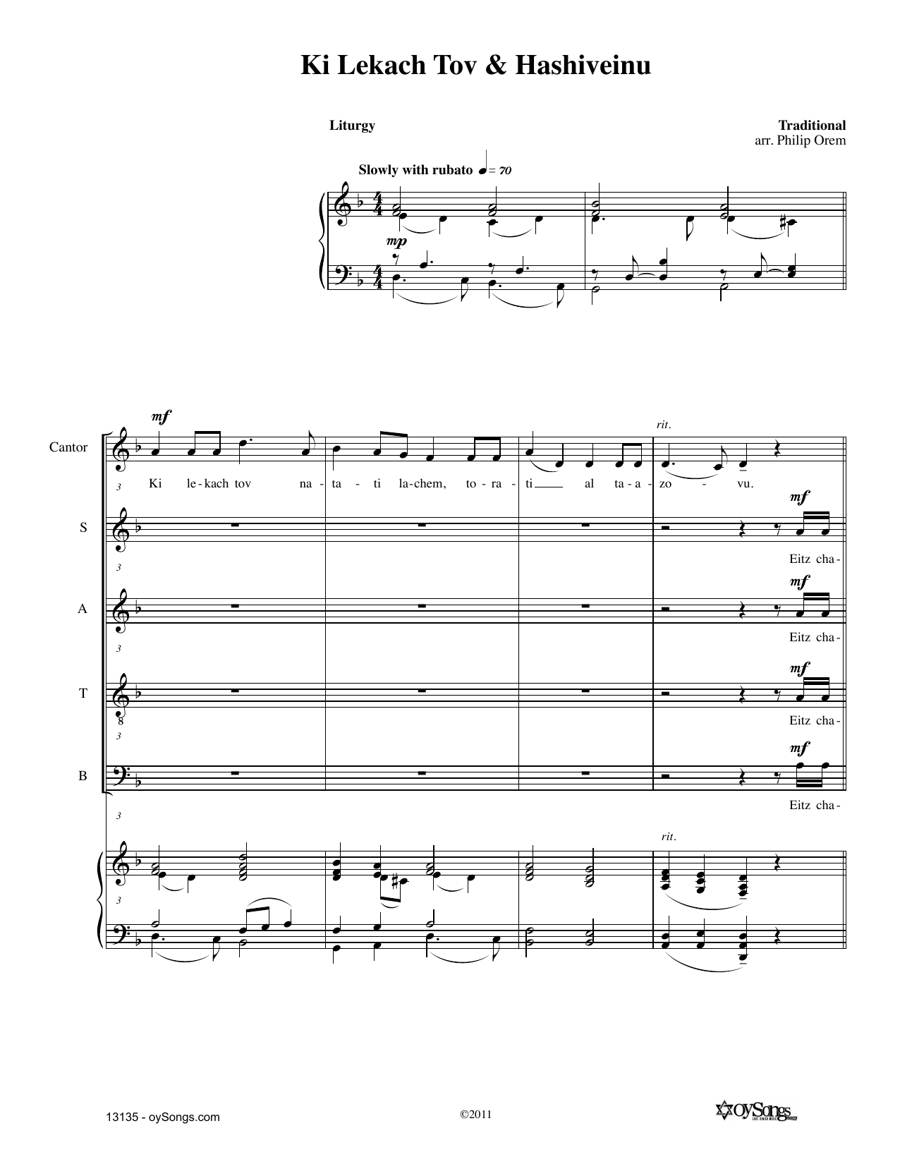 Download Philip Orem Ki Lekach Tov, Eitz Chayim Hi, Hashivenu Sheet Music and learn how to play SATB Choir PDF digital score in minutes