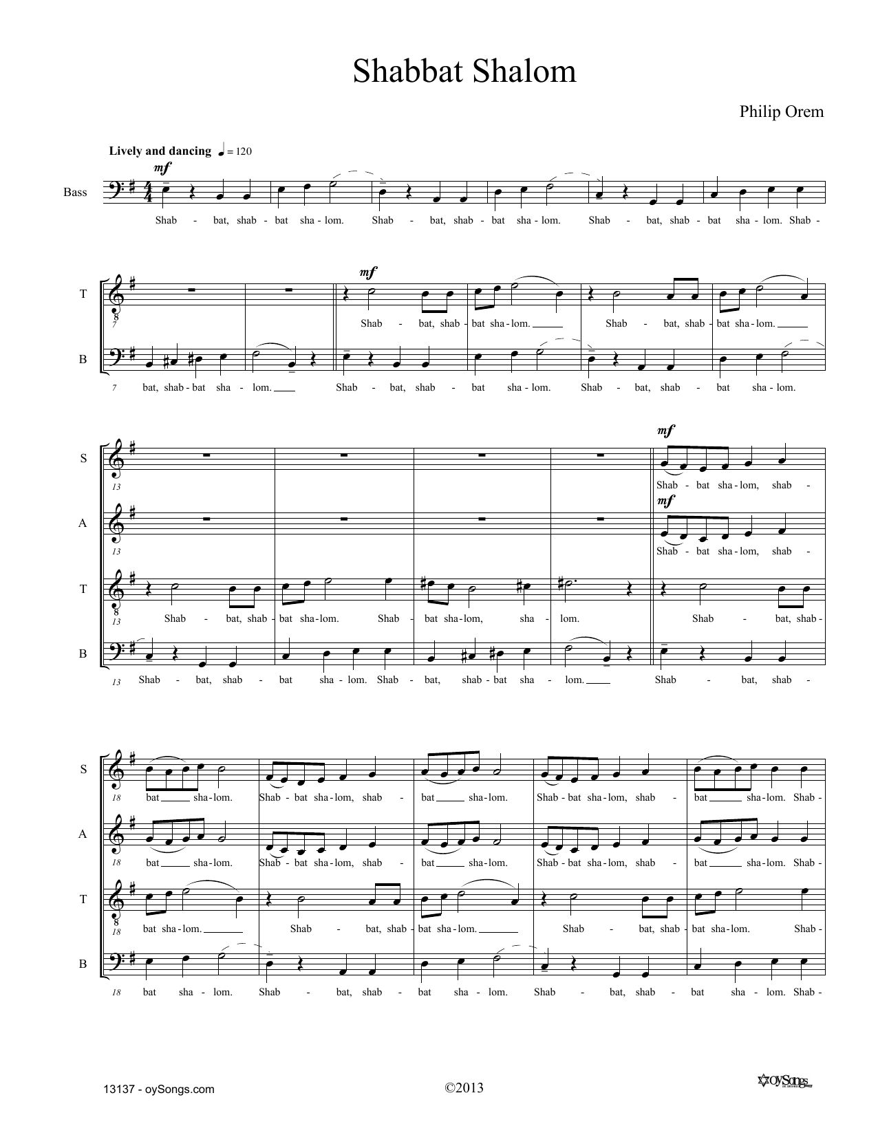 Download Philip Orem Shabbat Shalom Sheet Music and learn how to play SATB Choir PDF digital score in minutes