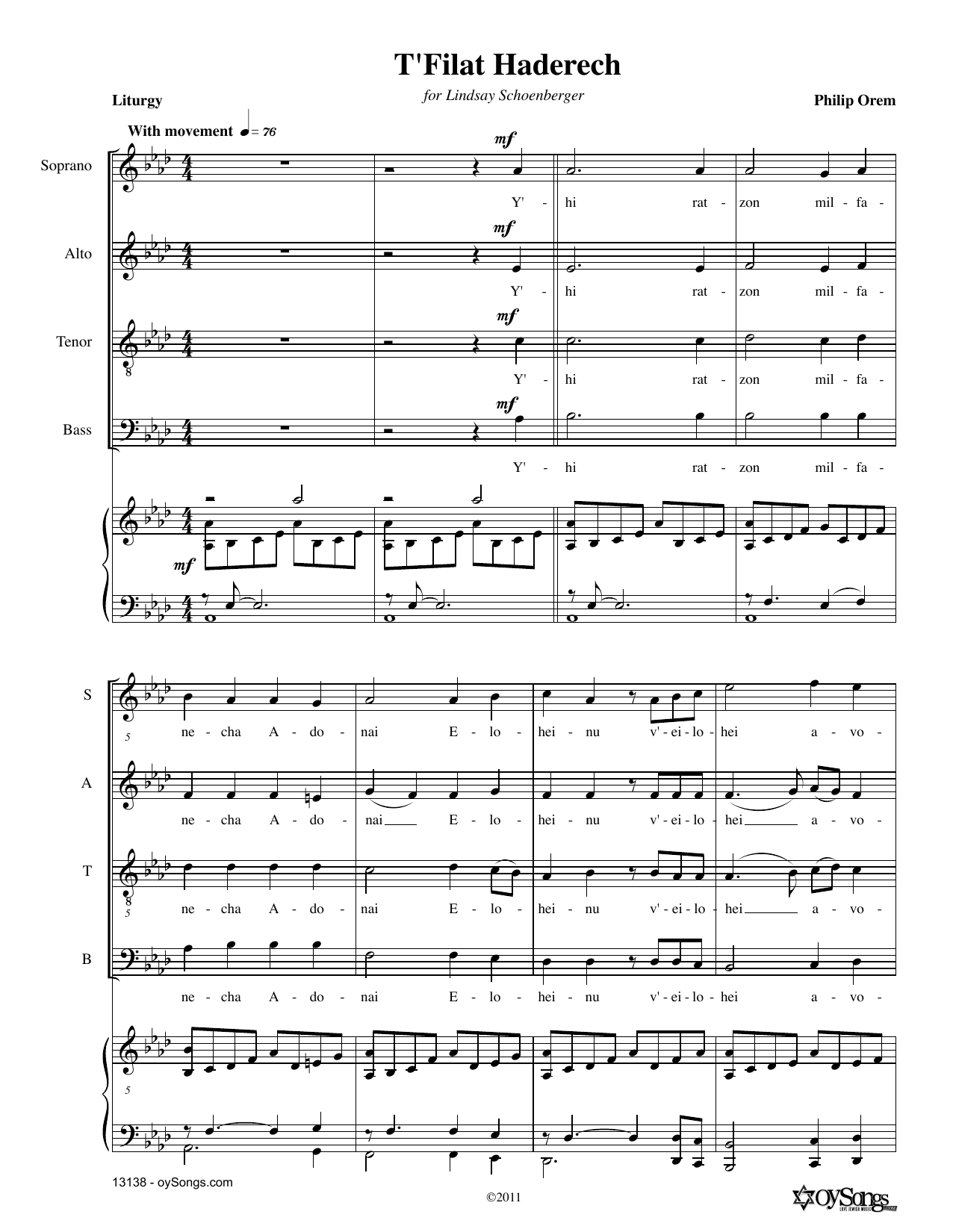 Download Philip Orem T'filat Haderach Sheet Music and learn how to play SATB Choir PDF digital score in minutes
