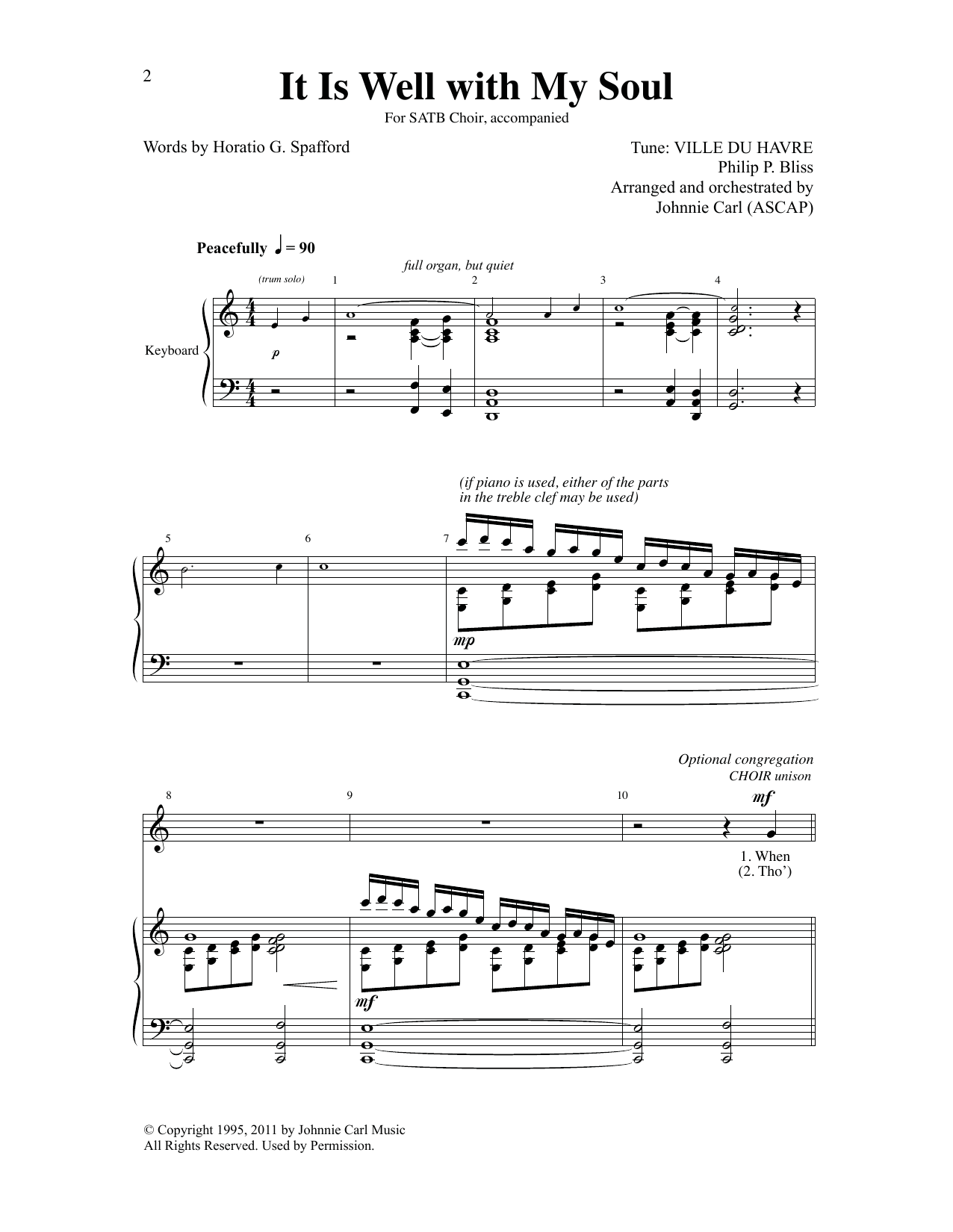 Download Philip P. Bliss It Is Well With My Soul (arr. Johnnie Carl) Sheet Music and learn how to play SATB Choir PDF digital score in minutes