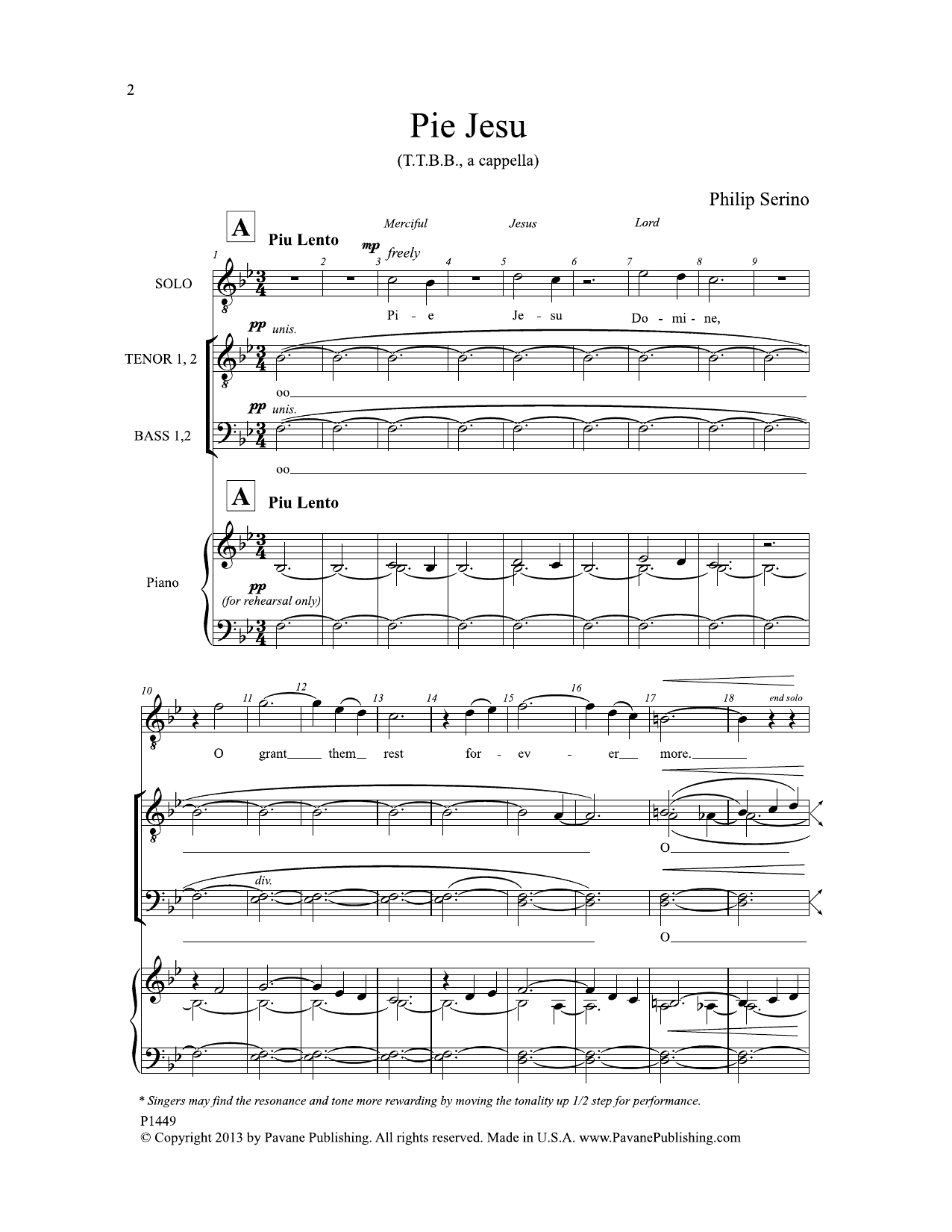 Download Philip Serino Pie Jesu Sheet Music and learn how to play TTBB Choir PDF digital score in minutes