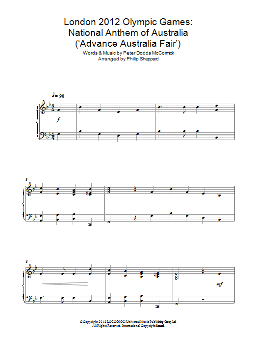 Download Philip Sheppard London 2012 Olympic Games: National Anthem Of Australia ('Advance Australia Fair Sheet Music and learn how to play Piano PDF digital score in minutes