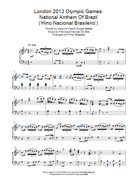 Download Philip Sheppard London 2012 Olympic Games: National Anthem Of Brazil ('Hino Nacional Brasileiro' Sheet Music and learn how to play Piano PDF digital score in minutes
