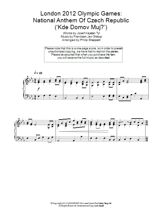 Download Philip Sheppard London 2012 Olympic Games: National Anthem Of Czech Republic ('Kde Domov Muj?') Sheet Music and learn how to play Piano PDF digital score in minutes