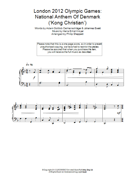 Download Philip Sheppard London 2012 Olympic Games: National Anthem Of Denmark ('Kong Christian') Sheet Music and learn how to play Piano PDF digital score in minutes
