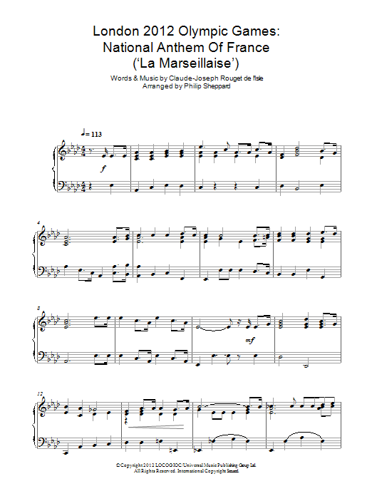 Download Philip Sheppard London 2012 Olympic Games: National Anthem Of France ('La Marseillaise') Sheet Music and learn how to play Piano PDF digital score in minutes