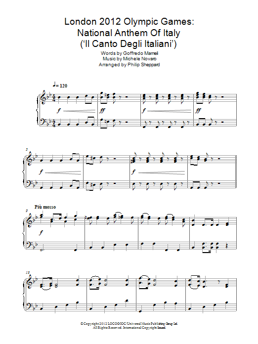 Download Philip Sheppard London 2012 Olympic Games: National Anthem Of Italy ('Il Canto Degli Italiani') Sheet Music and learn how to play Piano PDF digital score in minutes