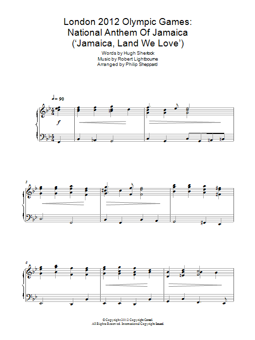 Download Philip Sheppard London 2012 Olympic Games: National Anthem Of Jamaica ('Jamaica, Land We Love') Sheet Music and learn how to play Piano PDF digital score in minutes