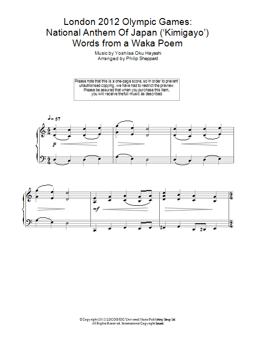 Download Philip Sheppard London 2012 Olympic Games: National Anthem Of Japan ('Kimigayo') Sheet Music and learn how to play Piano PDF digital score in minutes