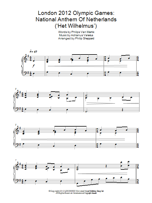 Download Philip Sheppard London 2012 Olympic Games: National Anthem Of Netherlands ('Het Wilhelmus') Sheet Music and learn how to play Piano PDF digital score in minutes