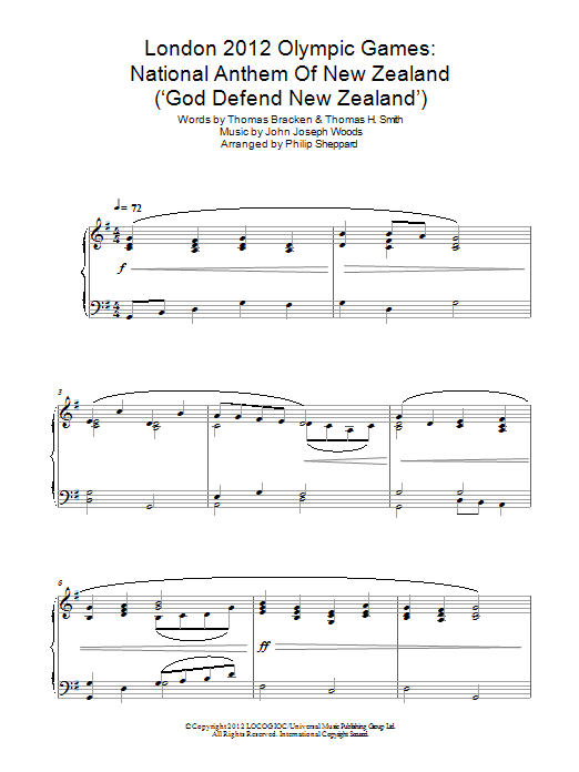 Download Philip Sheppard London 2012 Olympic Games: National Anthem Of New Zealand ('God Defend New Zeala Sheet Music and learn how to play Piano PDF digital score in minutes