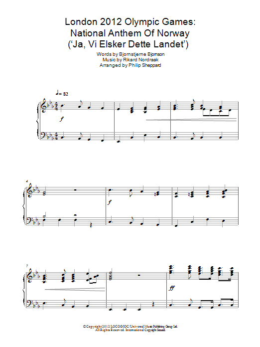 Download Philip Sheppard London 2012 Olympic Games: National Anthem Of Norway ('Ja, Vi Elsker Dette Lande Sheet Music and learn how to play Piano PDF digital score in minutes