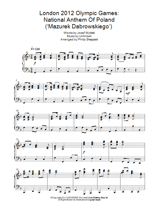 Download Philip Sheppard London 2012 Olympic Games: National Anthem Of Poland ('Mazurek Dabrowskiego') Sheet Music and learn how to play Piano PDF digital score in minutes