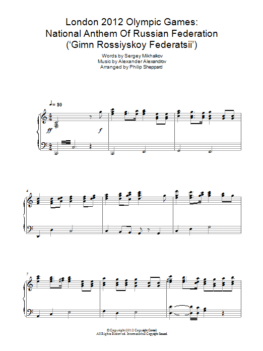 Download Philip Sheppard London 2012 Olympic Games: National Anthem Of Russian Federation ('Gimn Rossiysk Sheet Music and learn how to play Piano PDF digital score in minutes