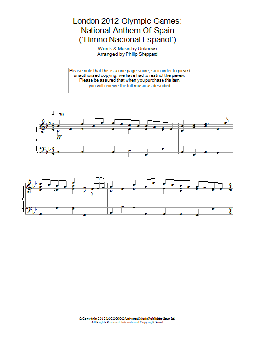 Download Philip Sheppard London 2012 Olympic Games: National Anthem Of Spain ('Himno Nacional Espanol') Sheet Music and learn how to play Piano PDF digital score in minutes