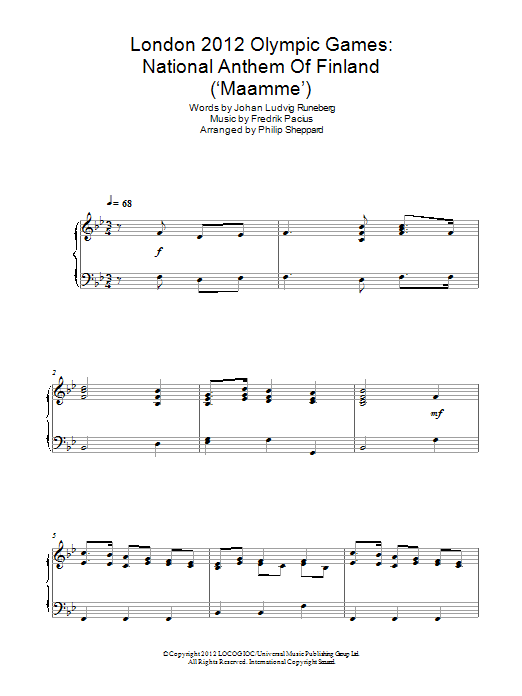 Download Philip Sheppard London 2012 Olympic Games: National Anthem Of Finland ('Maamme') Sheet Music and learn how to play Piano PDF digital score in minutes