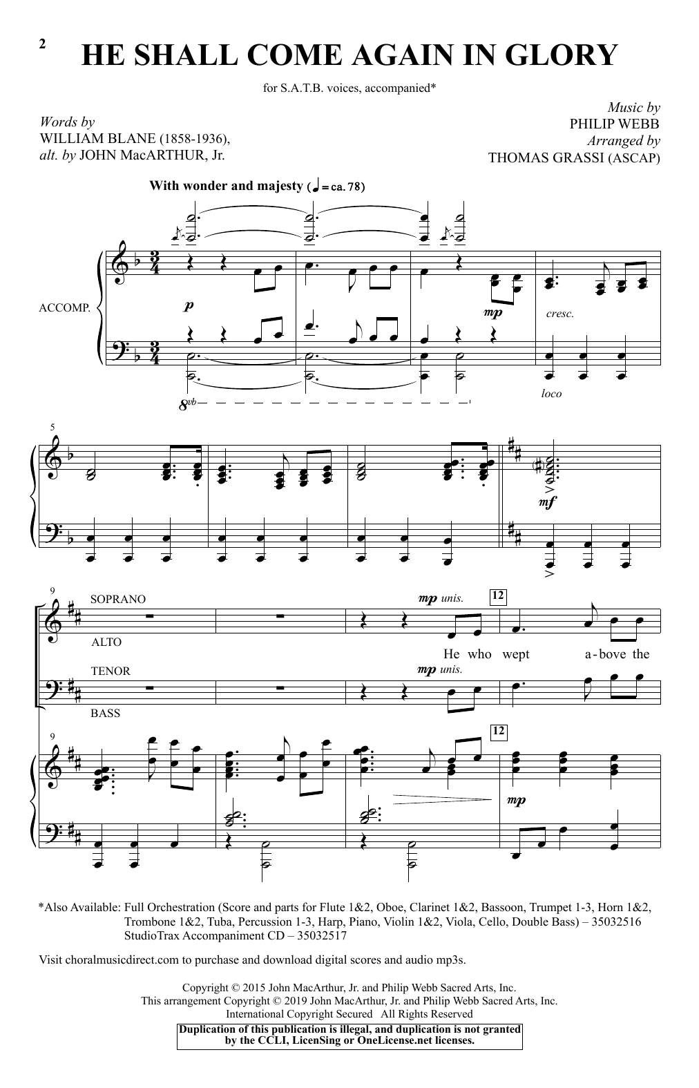 Download Philip Webb He Shall Come Again In Glory (arr. Thomas Grassi) Sheet Music and learn how to play SATB Choir PDF digital score in minutes