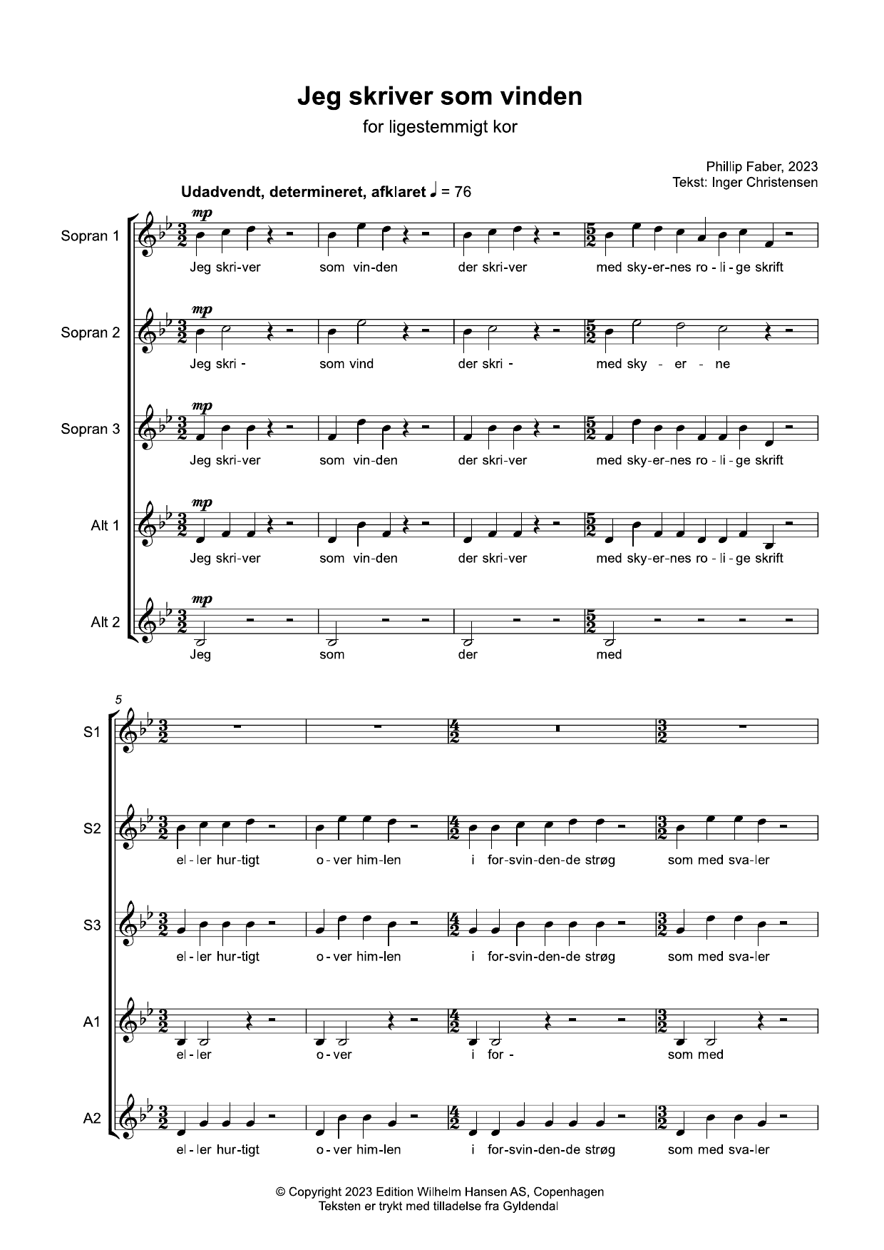 Download Phillip Faber Jeg Skriver Som Vinden Sheet Music and learn how to play Choir PDF digital score in minutes
