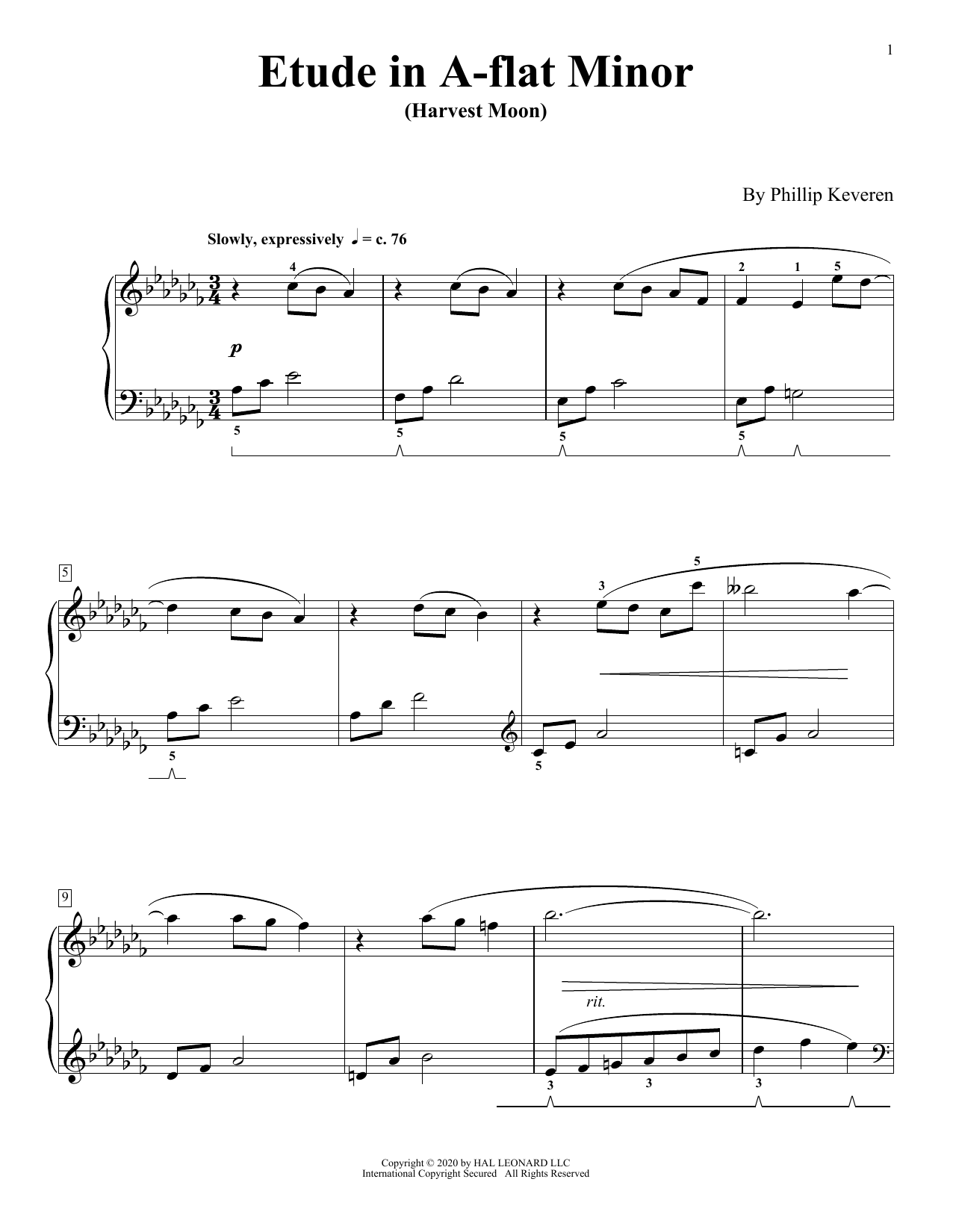 Download Phillip Keveren Etude In A-Flat Minor (Harvest Moon) Sheet Music and learn how to play Piano Solo PDF digital score in minutes