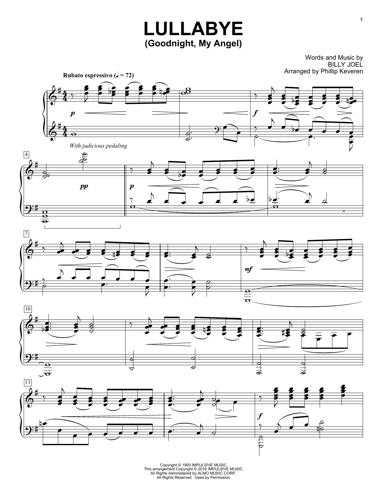 Download Billy Joel Lullabye (Goodnight, My Angel) Sheet Music and learn how to play Piano PDF digital score in minutes
