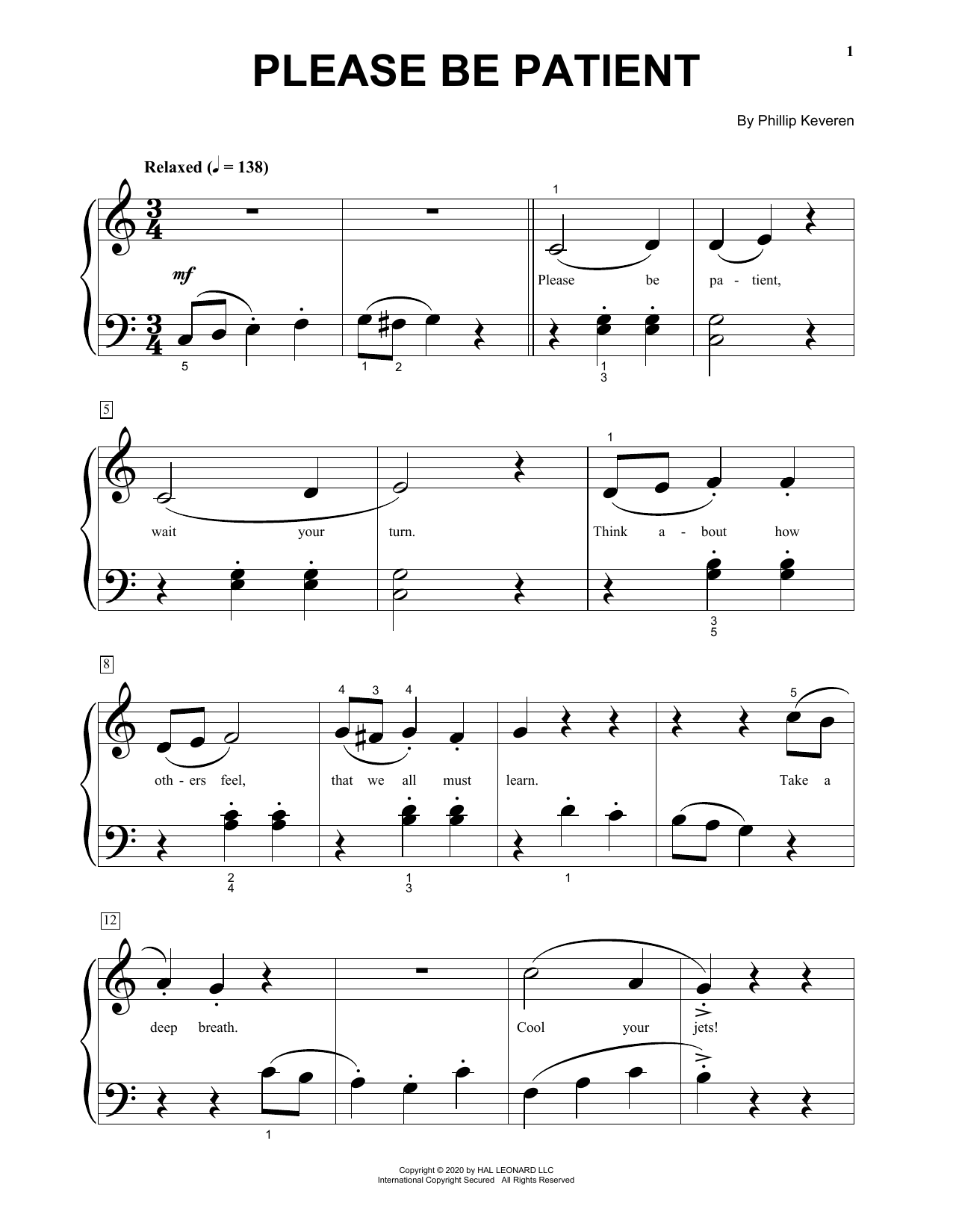 Download Phillip Keveren Please Be Patient Sheet Music and learn how to play Big Note Piano PDF digital score in minutes