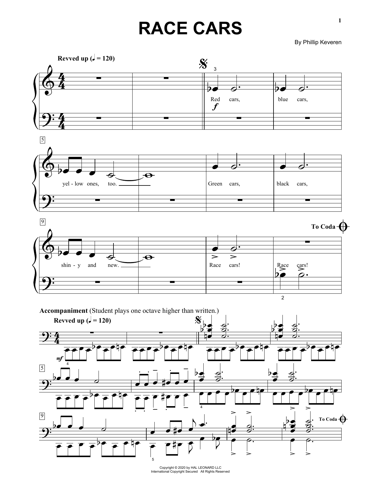 Download Phillip Keveren Race Cars Sheet Music and learn how to play Big Note Piano PDF digital score in minutes