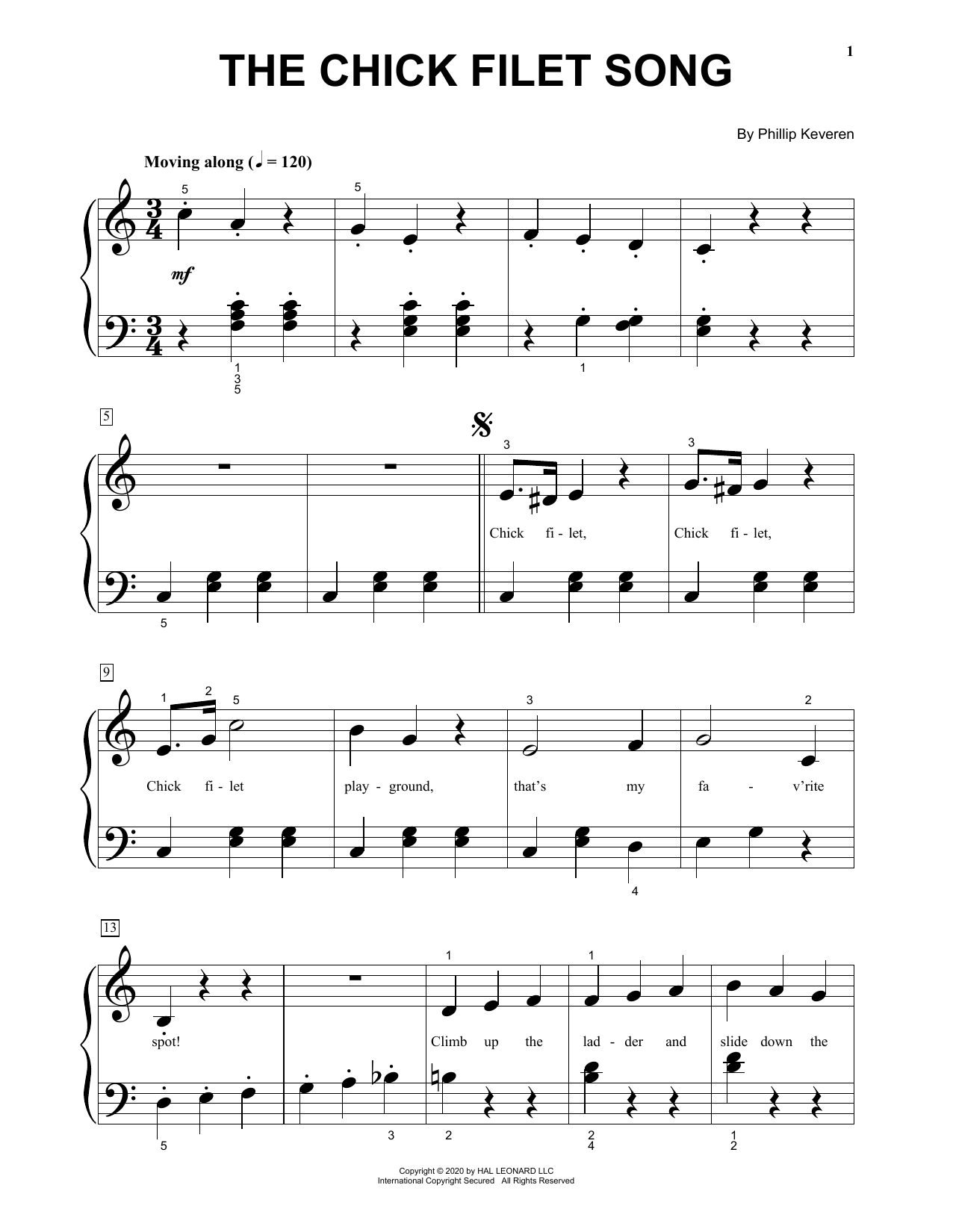 Download Phillip Keveren The Chick Filet Song Sheet Music and learn how to play Big Note Piano PDF digital score in minutes