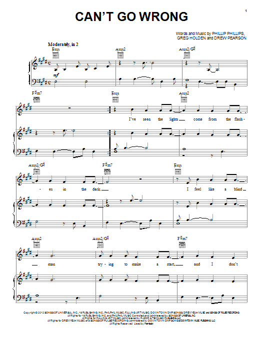 Download Phillip Phillips Can't Go Wrong Sheet Music and learn how to play Piano, Vocal & Guitar (Right-Hand Melody) PDF digital score in minutes