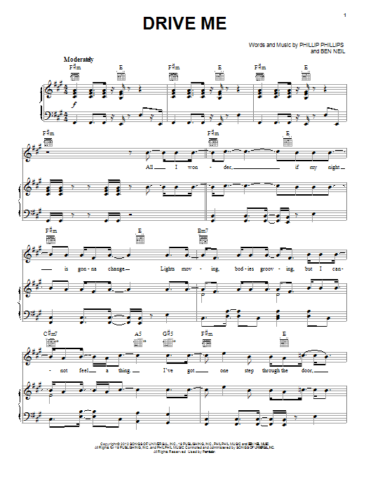 Download Phillip Phillips Drive Me Sheet Music and learn how to play Piano, Vocal & Guitar (Right-Hand Melody) PDF digital score in minutes
