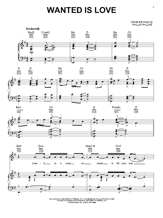Download Phillip Phillips Wanted Is Love Sheet Music and learn how to play Piano, Vocal & Guitar (Right-Hand Melody) PDF digital score in minutes
