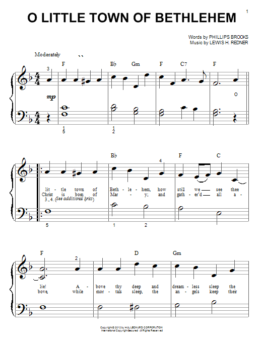 Download Phillips Brooks O Little Town Of Bethlehem Sheet Music and learn how to play Piano (Big Notes) PDF digital score in minutes