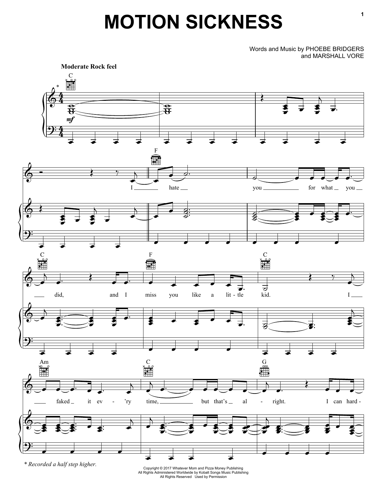 Download Phoebe Bridgers Motion Sickness Sheet Music and learn how to play Piano, Vocal & Guitar Chords (Right-Hand Melody) PDF digital score in minutes