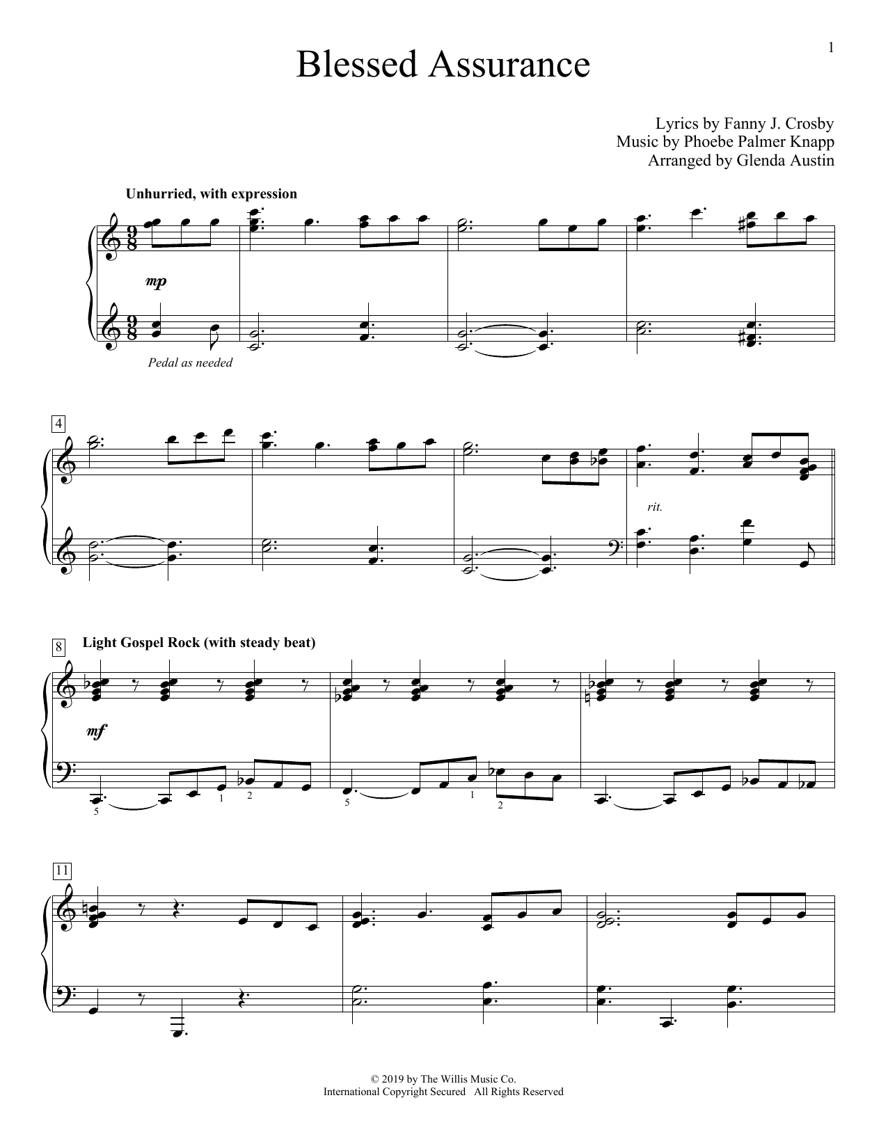 Download Phoebe Palmer Knapp Blessed Assurance (arr. Glenda Austin) Sheet Music and learn how to play Educational Piano PDF digital score in minutes