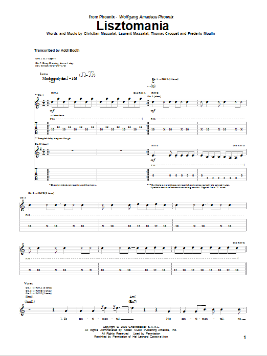 Download Phoenix Lisztomania Sheet Music and learn how to play Guitar Tab PDF digital score in minutes