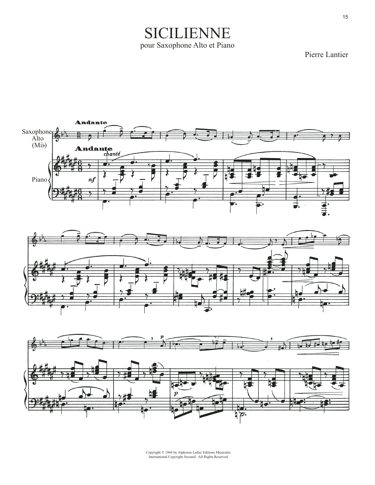Download Pierre Lantier Sicilienne Sheet Music and learn how to play Alto Sax and Piano PDF digital score in minutes