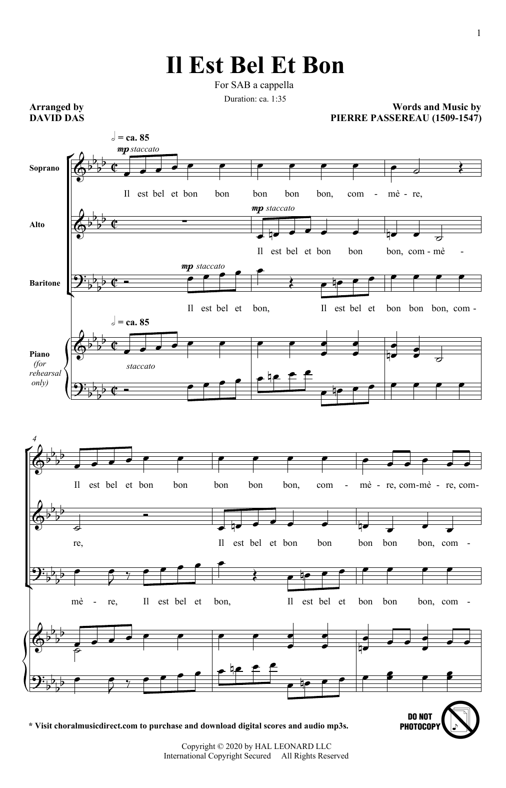 Download Pierre Passereau Il Est Bel Et Bon (arr. David Das) Sheet Music and learn how to play SAB Choir PDF digital score in minutes