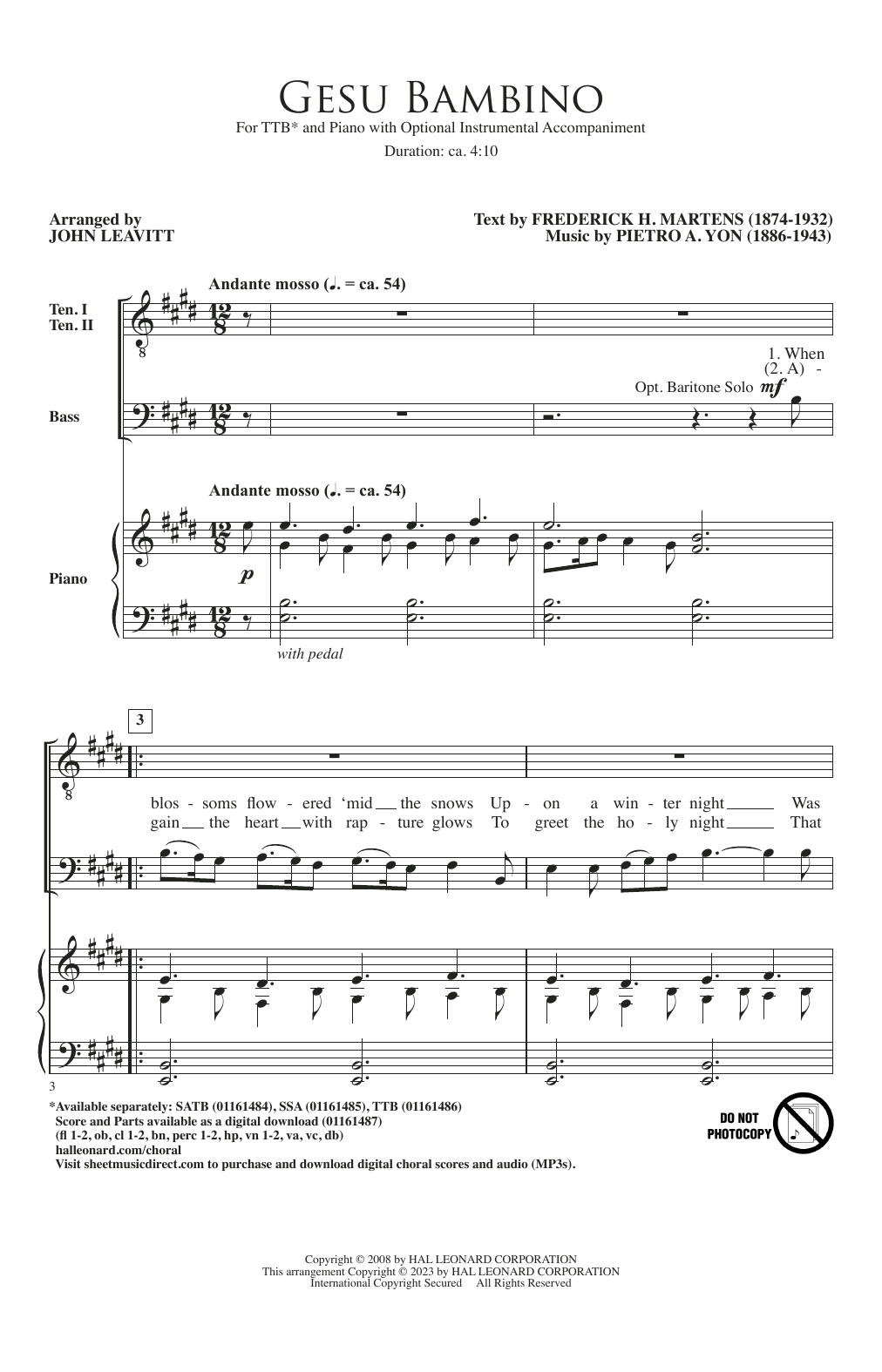 Download Pietro A. Yon Gesú Bambino (arr. John Leavitt) Sheet Music and learn how to play SSA Choir PDF digital score in minutes