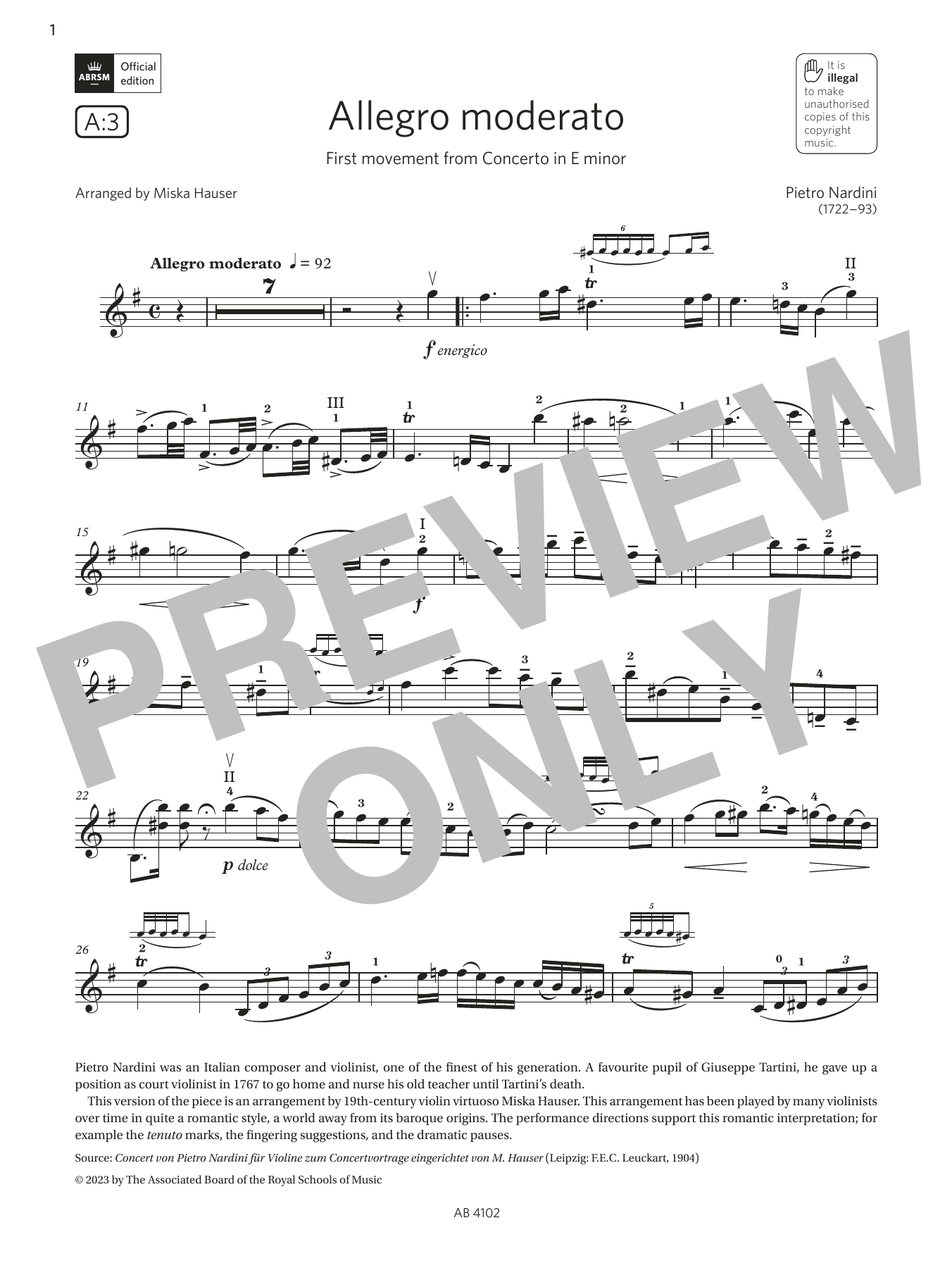 Download Pietro Nardini Allegro moderato (Grade 8, A3, from the ABRSM Violin Syllabus from 2024) Sheet Music and learn how to play Violin Solo PDF digital score in minutes
