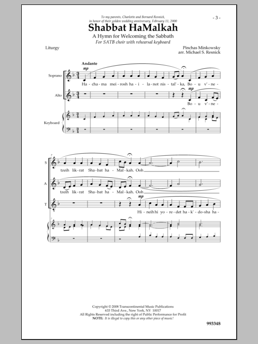 Download Pinchas Minkowsky Shabbat Hamalka Sheet Music and learn how to play SATB Choir PDF digital score in minutes