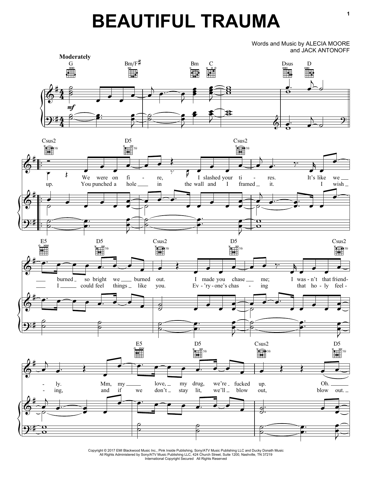 Pink "Beautiful Trauma" Sheet Music Notes, Chords Piano