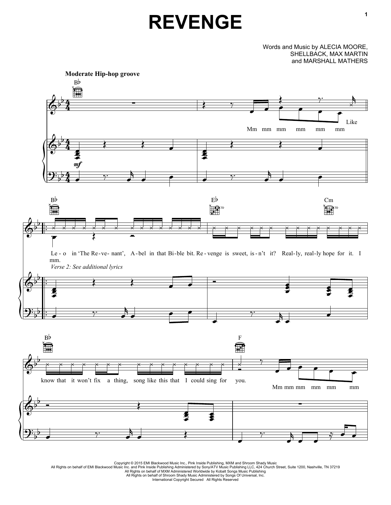 Download Pink feat. Eminem Revenge Sheet Music and learn how to play Piano, Vocal & Guitar (Right-Hand Melody) PDF digital score in minutes